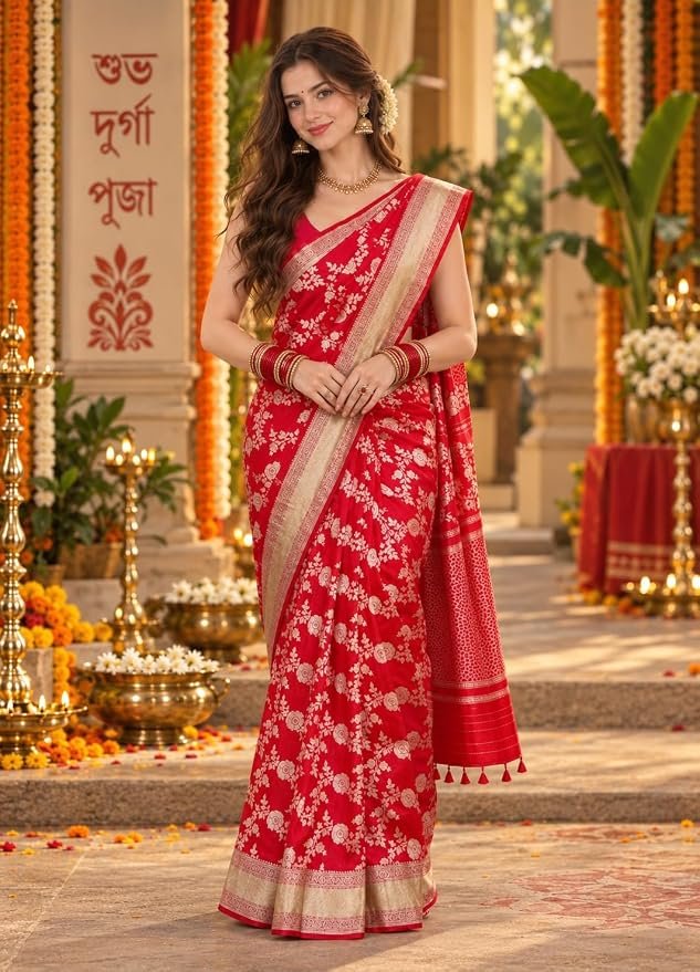 Red and Gold Zari Jacquard Saree with Blouse Piece