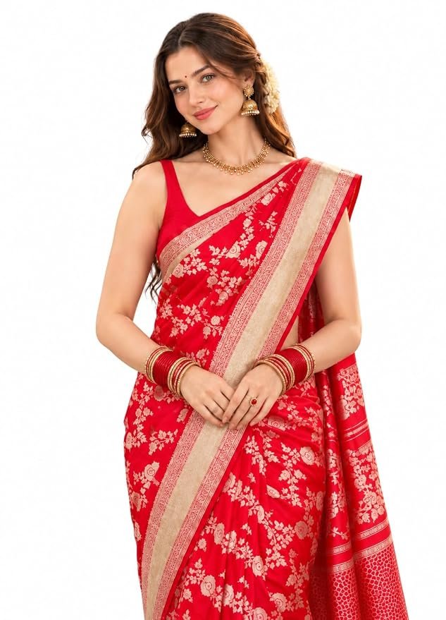 Red and Gold Zari Jacquard Saree with Blouse Piece