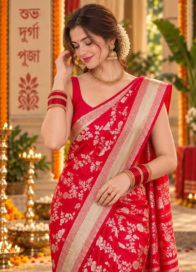 Red and Gold Zari Jacquard Saree with Blouse Piece